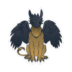 Illustration of a brown and black winged dragon with a sleek head and fierce eyes, sitting upright with detailed feathers and claws, designed for fantasy romance fan art.