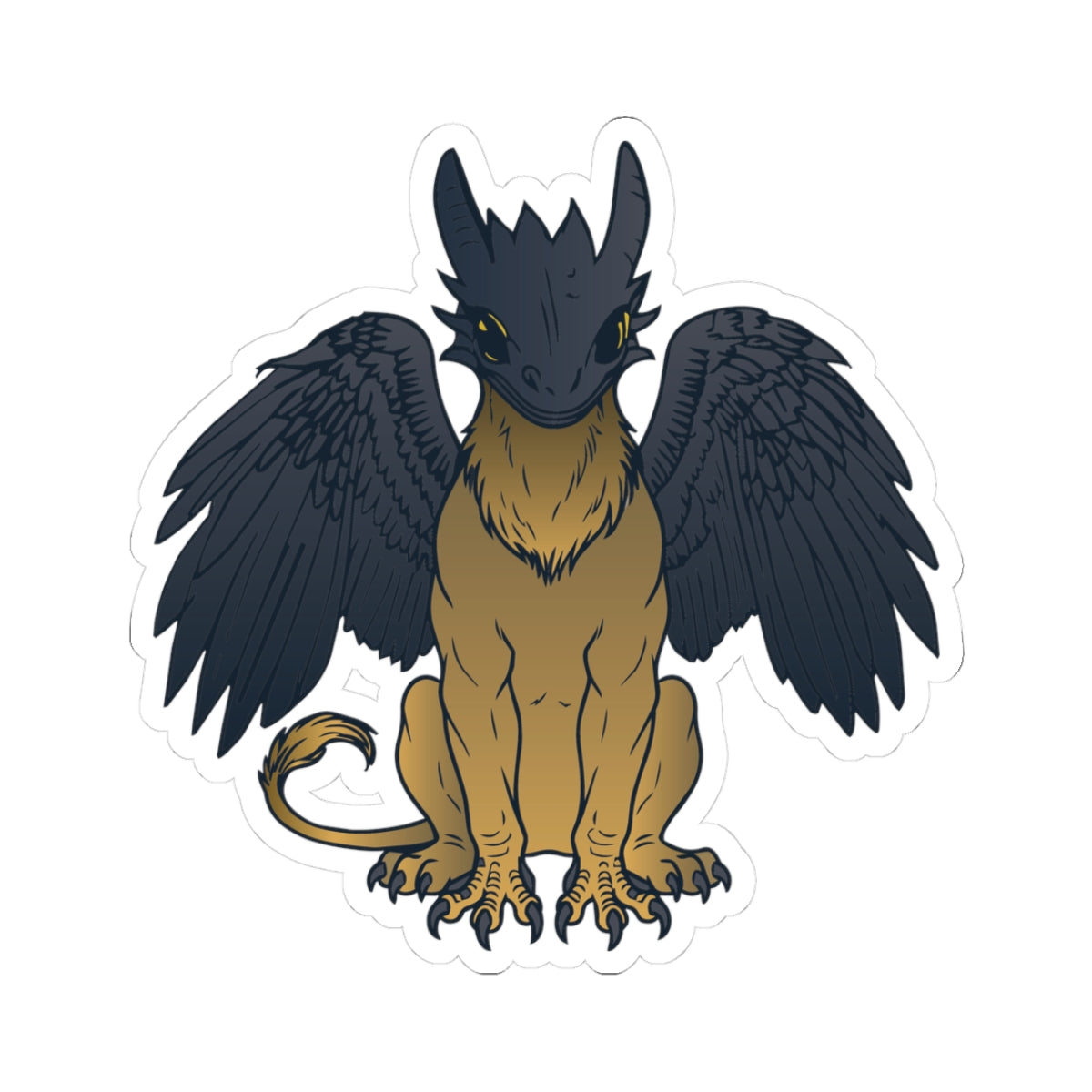 Illustration of a brown and black winged dragon with a sleek head and fierce eyes, sitting upright with detailed feathers and claws, designed for fantasy romance fan art.