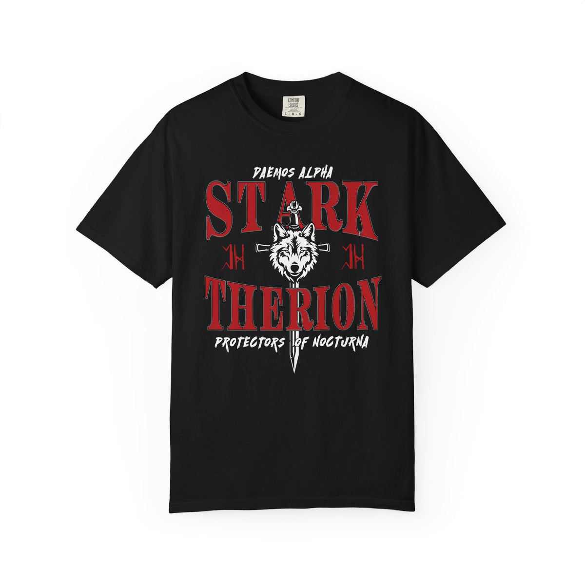 Unisex Comfort Colors graphic tee from thtgrlreads featuring Wolves of Ruin design with bold red gothic text and a detailed wolf head illustration, part of official licensed bookish apparel collections.