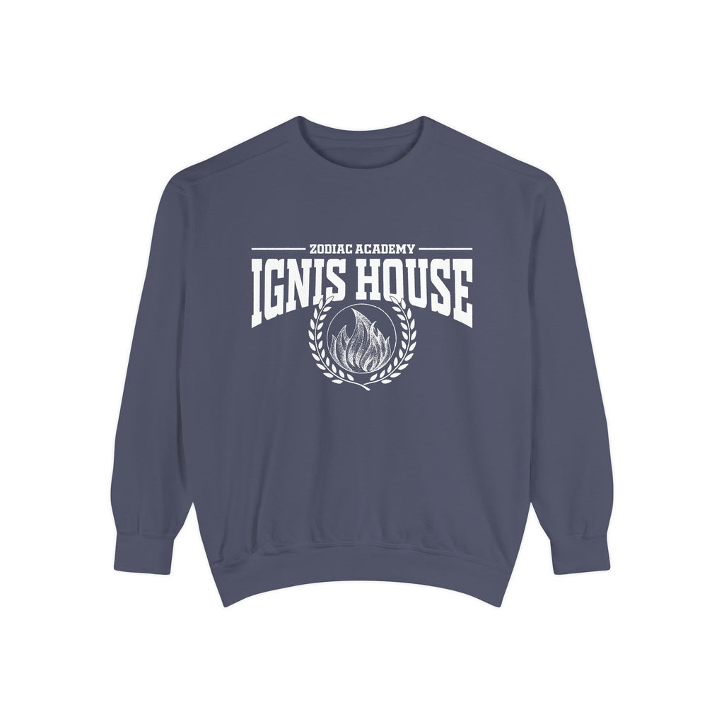 Zodiac Academy crewneck sweatshirt by thtgrlreads featuring bold white "Ignis House" text and flame graphic on a vintage-washed Comfort Colors navy base, perfect for bookish merch fans.