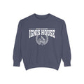 Zodiac Academy crewneck sweatshirt by thtgrlreads featuring bold white "Ignis House" text and flame graphic on a vintage-washed Comfort Colors navy base, perfect for bookish merch fans.