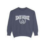 Zodiac Academy crewneck sweatshirt by thtgrlreads featuring bold white "Ignis House" text and flame graphic on a vintage-washed Comfort Colors navy base, perfect for bookish merch fans.
