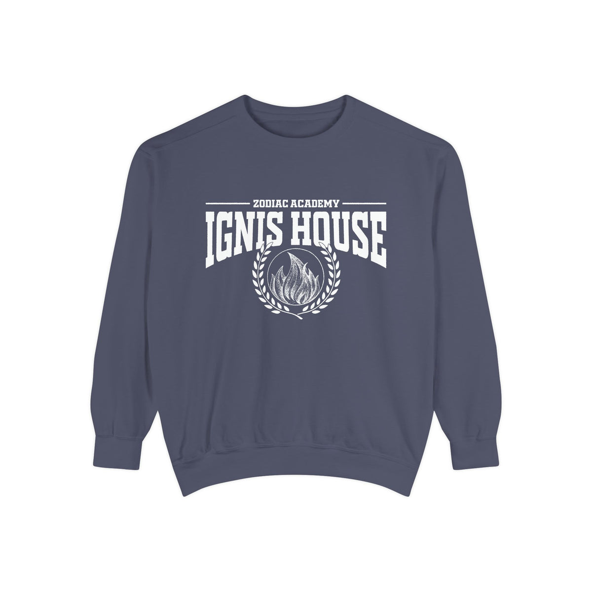 Zodiac Academy crewneck sweatshirt by thtgrlreads featuring bold white "Ignis House" text and flame graphic on a vintage-washed Comfort Colors navy base, perfect for bookish merch fans.