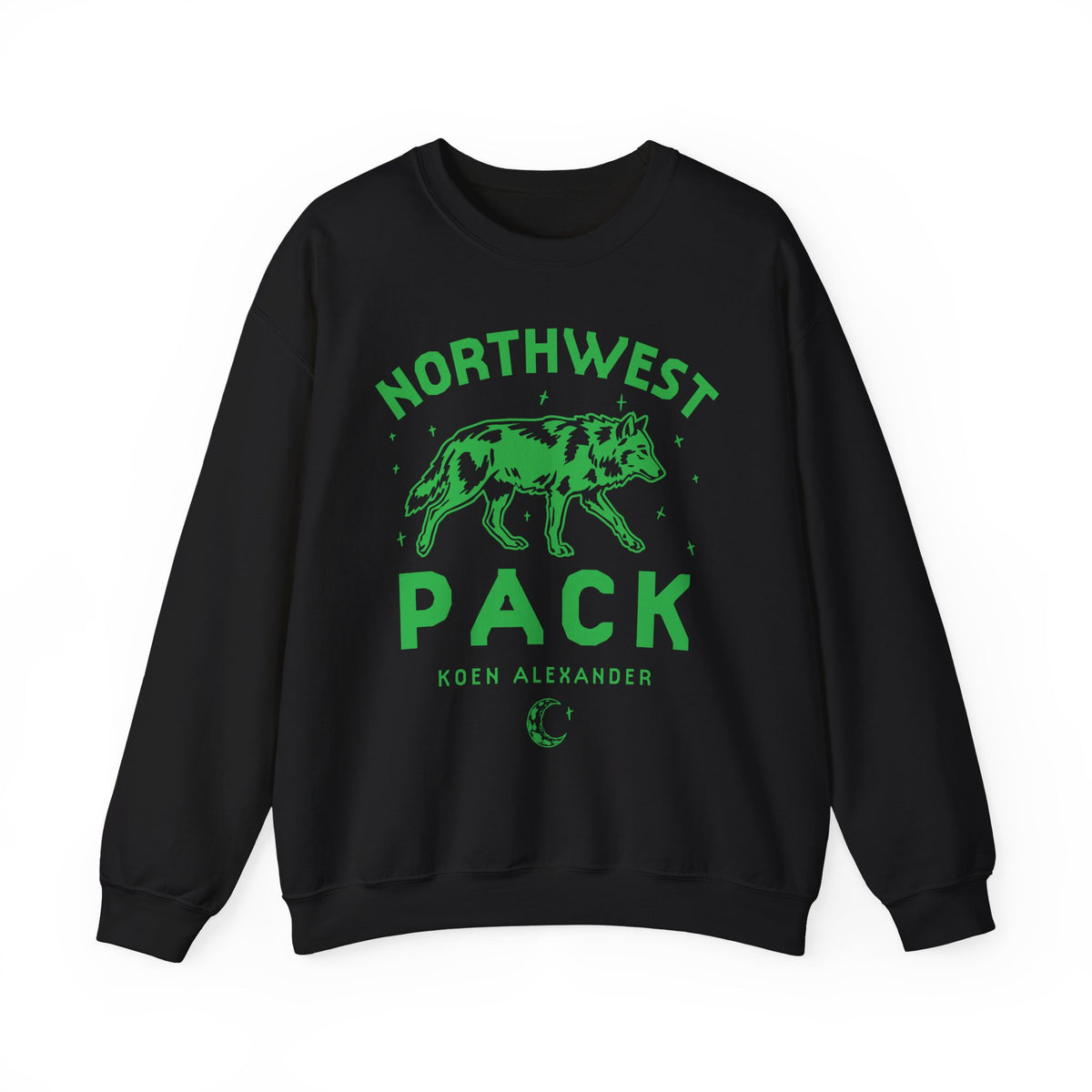 Black Northwest Pack crewneck sweatshirt with a green wolf graphic and Koen Alexander text, inspired by Ali Hazelwood's MATE from Thtgrlreads bookish apparel