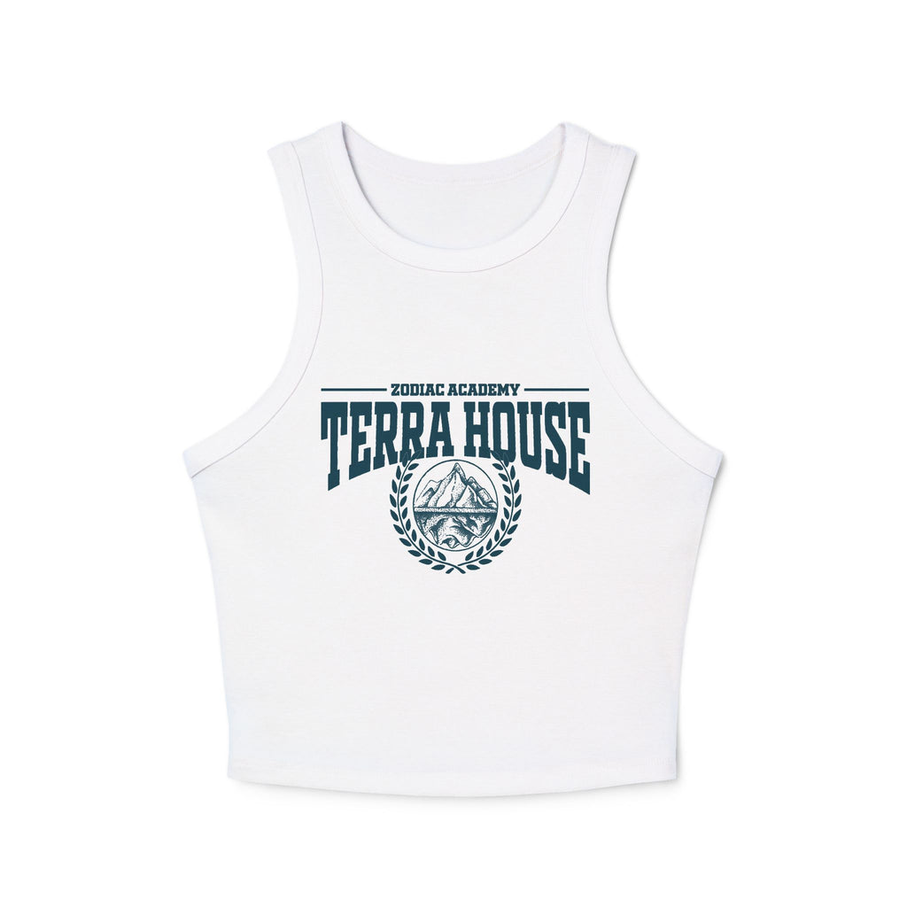 Zodiac Academy Terra House themed women's white cropped tank top from thtgrlreads featuring vintage wash fabric and bold collegiate-style dark blue graphic print.