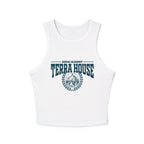 Zodiac Academy Terra House themed women's white cropped tank top from thtgrlreads featuring vintage wash fabric and bold collegiate-style dark blue graphic print.