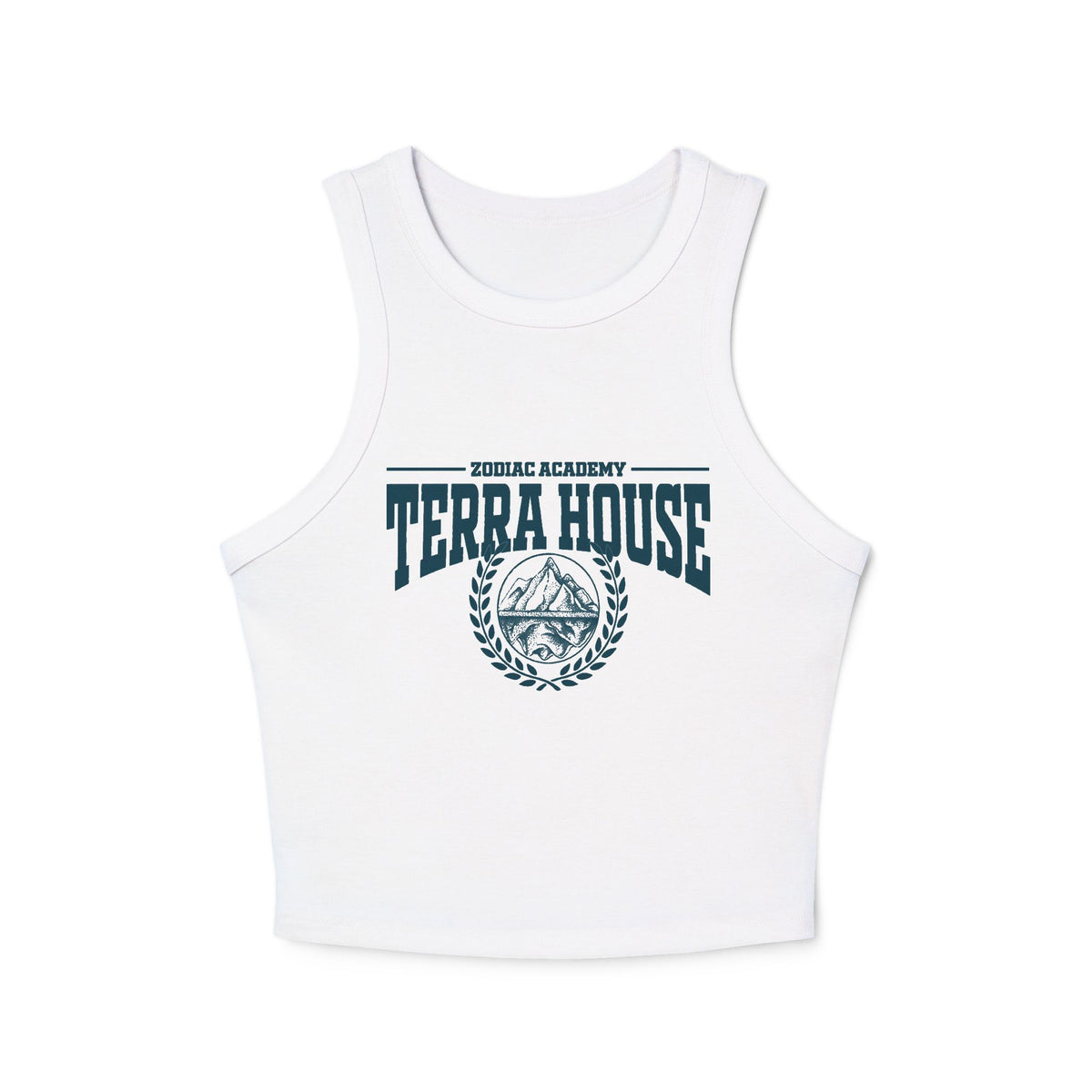 Zodiac Academy Terra House themed women's white cropped tank top from thtgrlreads featuring vintage wash fabric and bold collegiate-style dark blue graphic print.