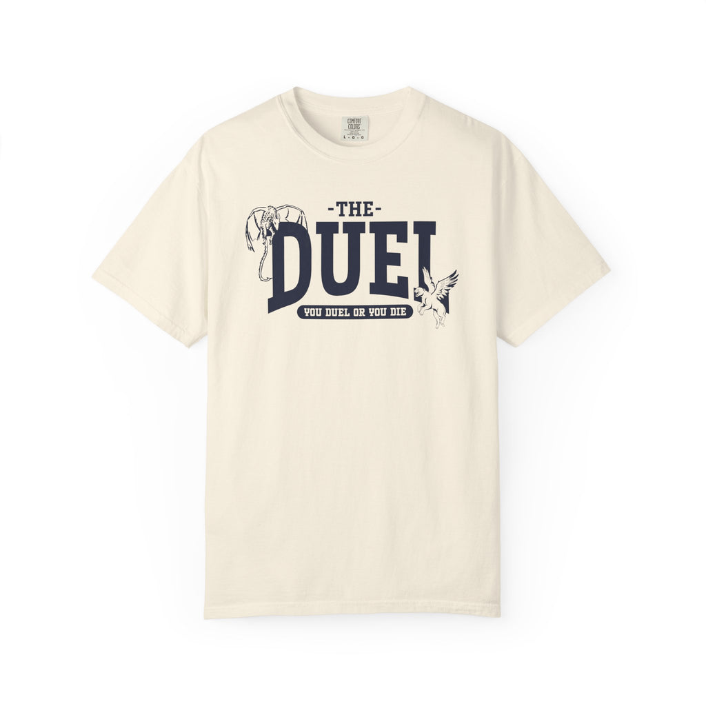 Comfort Colors unisex graphic tee from thtgrlreads featuring Blood Bound collection inspired by Ellis Hunter, with vintage wash and bold "The Duel" printed text and detailed illustrations.