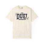 Comfort Colors unisex graphic tee from thtgrlreads featuring Blood Bound collection inspired by Ellis Hunter, with vintage wash and bold "The Duel" printed text and detailed illustrations.