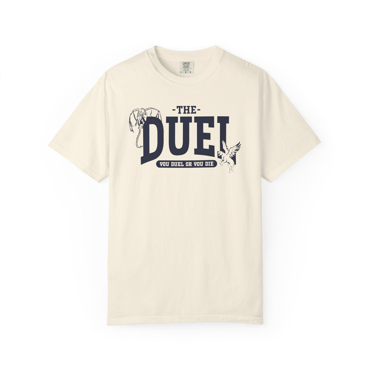 Comfort Colors unisex graphic tee from thtgrlreads featuring Blood Bound collection inspired by Ellis Hunter, with vintage wash and bold "The Duel" printed text and detailed illustrations.
