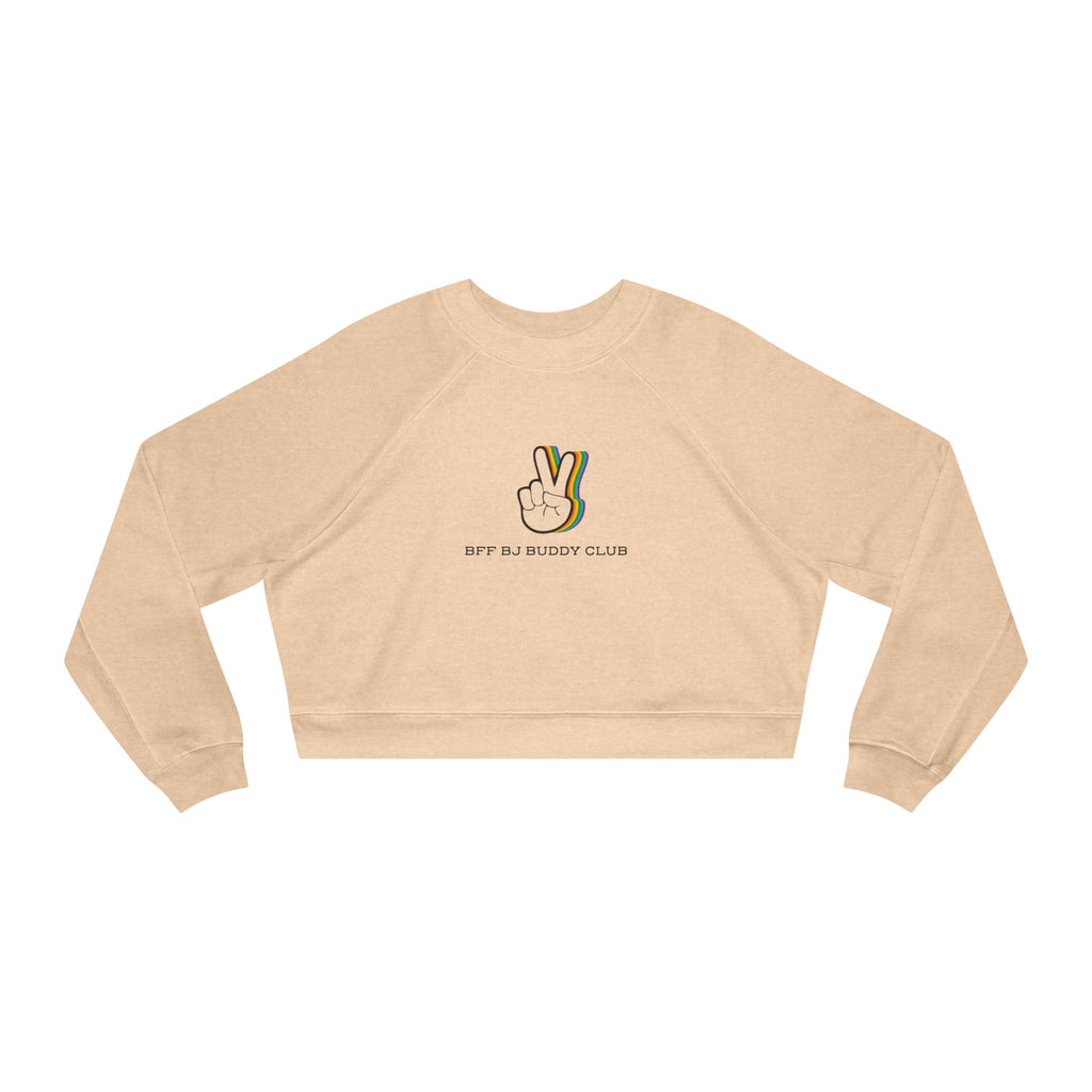 Zodiac Academy collection cropped sweatshirt by thtgrlreads featuring a beige Comfort Colors base with a vintage-style peace hand graphic and "BFF BJ Buddy Club" text in a relaxed fit.