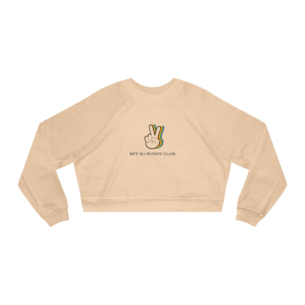 Zodiac Academy collection cropped sweatshirt by thtgrlreads featuring a beige Comfort Colors base with a vintage-style peace hand graphic and "BFF BJ Buddy Club" text in a relaxed fit.