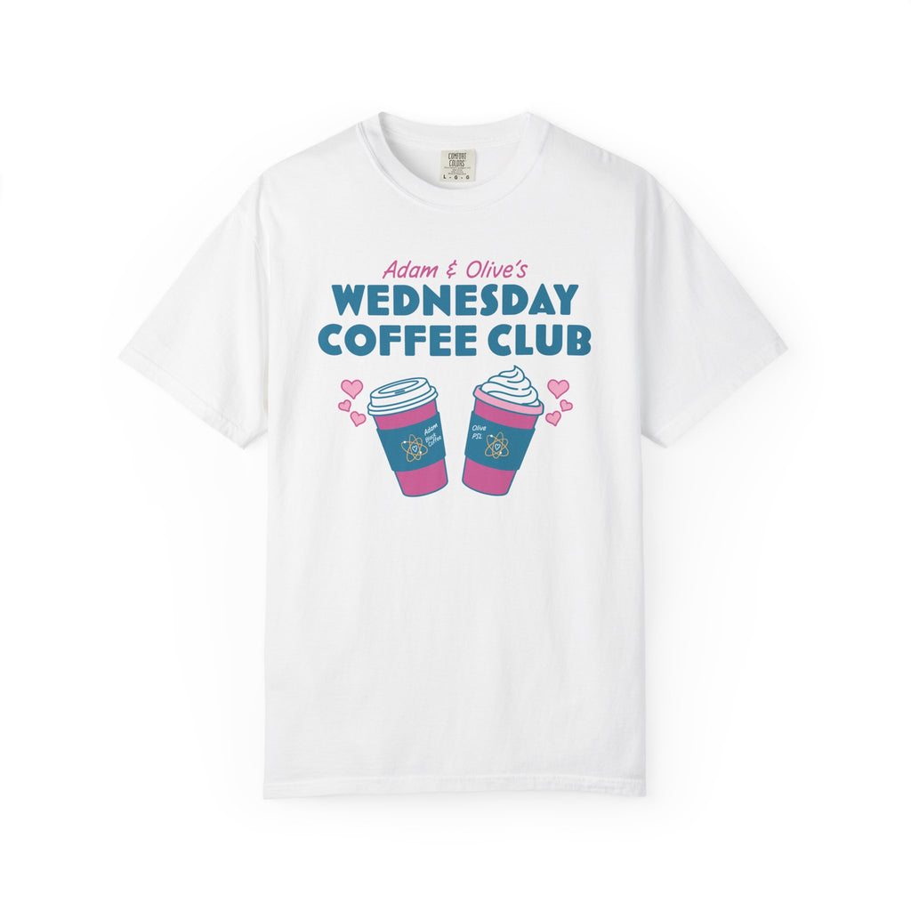 White unisex tee featuring Adam and Olives Wednesday Coffee Club graphic with two colorful coffee cups and pink hearts from Thtgrlreads Ali Hazelwood Tees