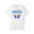 White unisex tee featuring Adam and Olives Wednesday Coffee Club graphic with two colorful coffee cups and pink hearts from Thtgrlreads Ali Hazelwood Tees