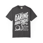 Darkmore Penitentiary themed dark gray Comfort Colors graphic tee by thtgrlreads featuring bold white vintage style "Daring Anacondas" text and a chained ball illustration from Tees and Darkmore Penitentiary collections.