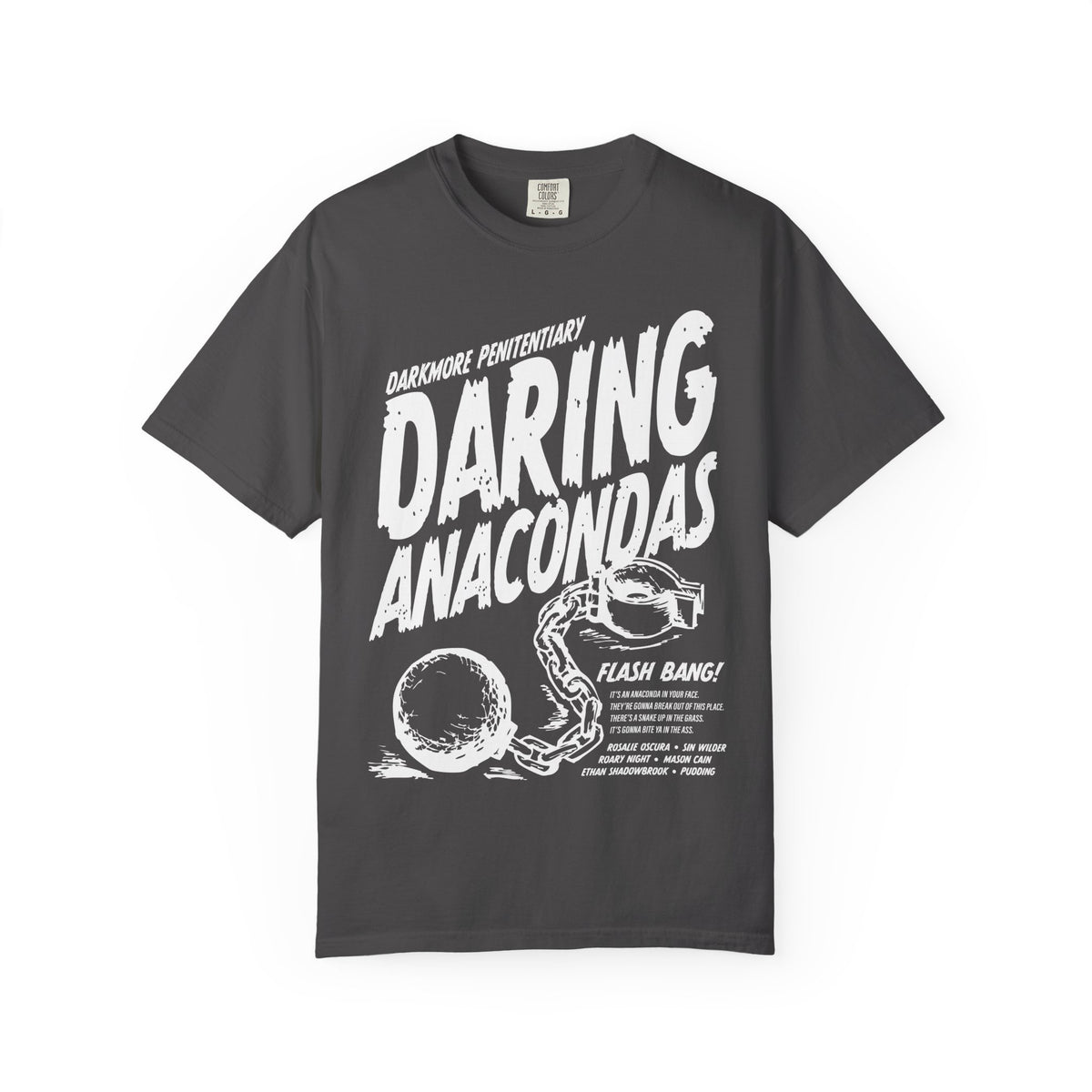Darkmore Penitentiary themed dark gray Comfort Colors graphic tee by thtgrlreads featuring bold white vintage style "Daring Anacondas" text and a chained ball illustration from Tees and Darkmore Penitentiary collections.