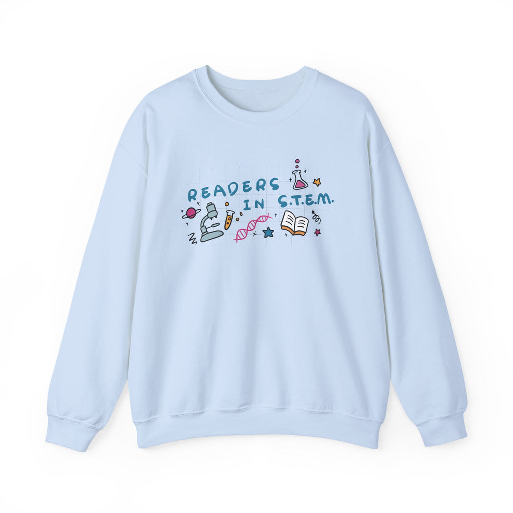 thtgrlreads Ali Hazelwood Love Hypothesis Readers in STEM light blue crewneck sweatshirt with colorful science and book graphics, part of the licensed bookish apparel collection by Printify