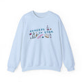 thtgrlreads Ali Hazelwood Love Hypothesis Readers in STEM light blue crewneck sweatshirt with colorful science and book graphics, part of the licensed bookish apparel collection by Printify