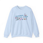 thtgrlreads Ali Hazelwood Love Hypothesis Readers in STEM light blue crewneck sweatshirt with colorful science and book graphics, part of the licensed bookish apparel collection by Printify