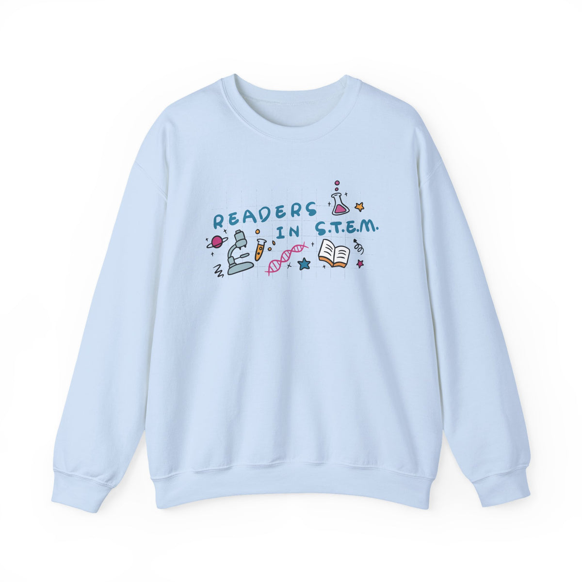 thtgrlreads Ali Hazelwood Love Hypothesis Readers in STEM light blue crewneck sweatshirt with colorful science and book graphics, part of the licensed bookish apparel collection by Printify