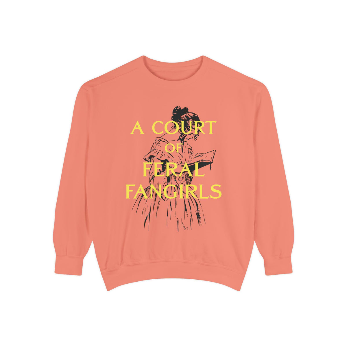 A coral oversized crewneck sweatshirt from thtgrlreads featuring a vintage-style illustration of a woman reading and yellow text "A Court of Feral Fangirls" on soft Comfort Colors fabric, perfect for fans in the Book Bestie and Off Brand collections.