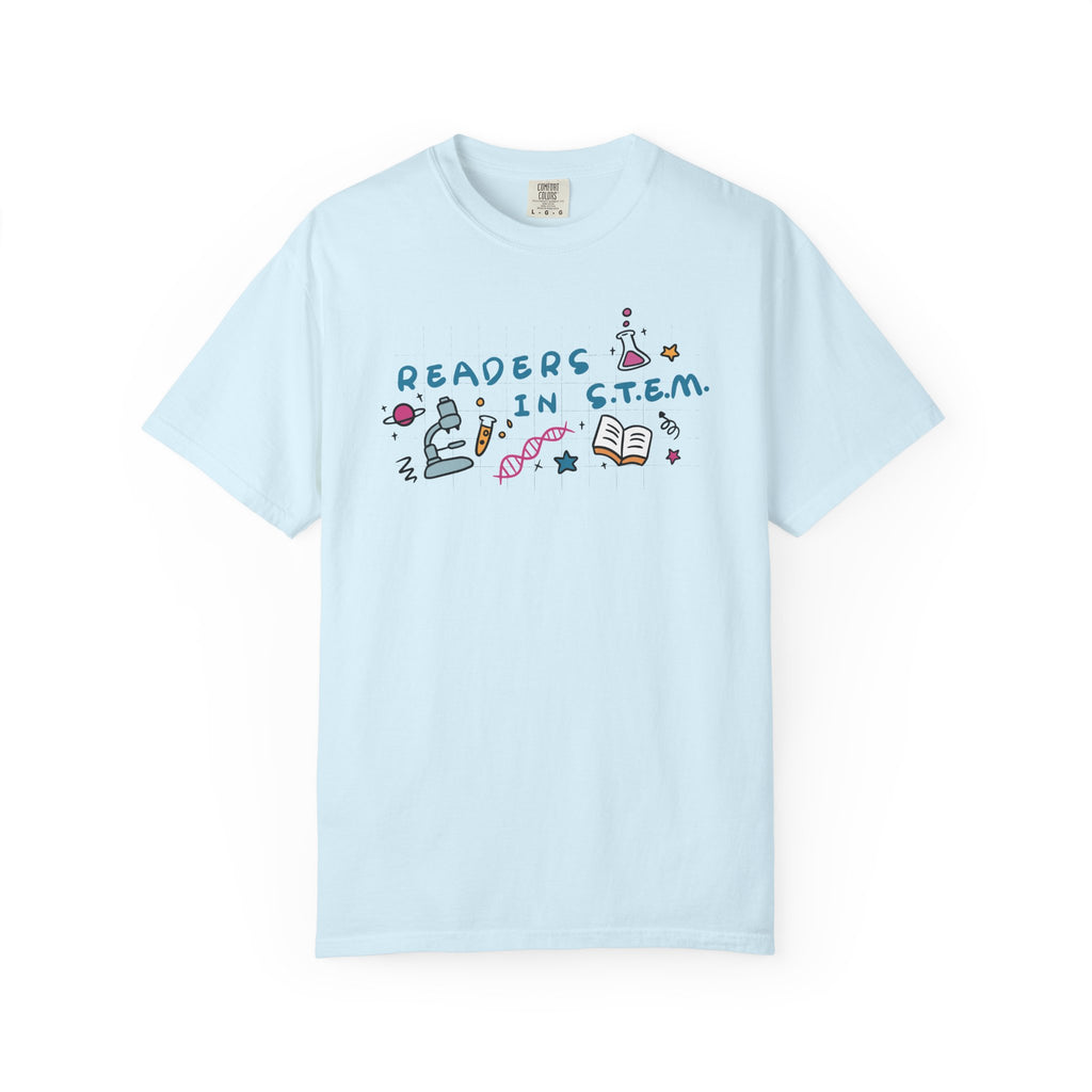 thtgrlreads Ali Hazelwood Comfort Colors graphic tee in light blue featuring Readers in STEM lettering with colorful science and book illustrations