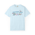 thtgrlreads Ali Hazelwood Comfort Colors graphic tee in light blue featuring Readers in STEM lettering with colorful science and book illustrations