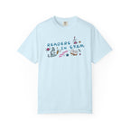 thtgrlreads Ali Hazelwood Comfort Colors graphic tee in light blue featuring Readers in STEM lettering with colorful science and book illustrations