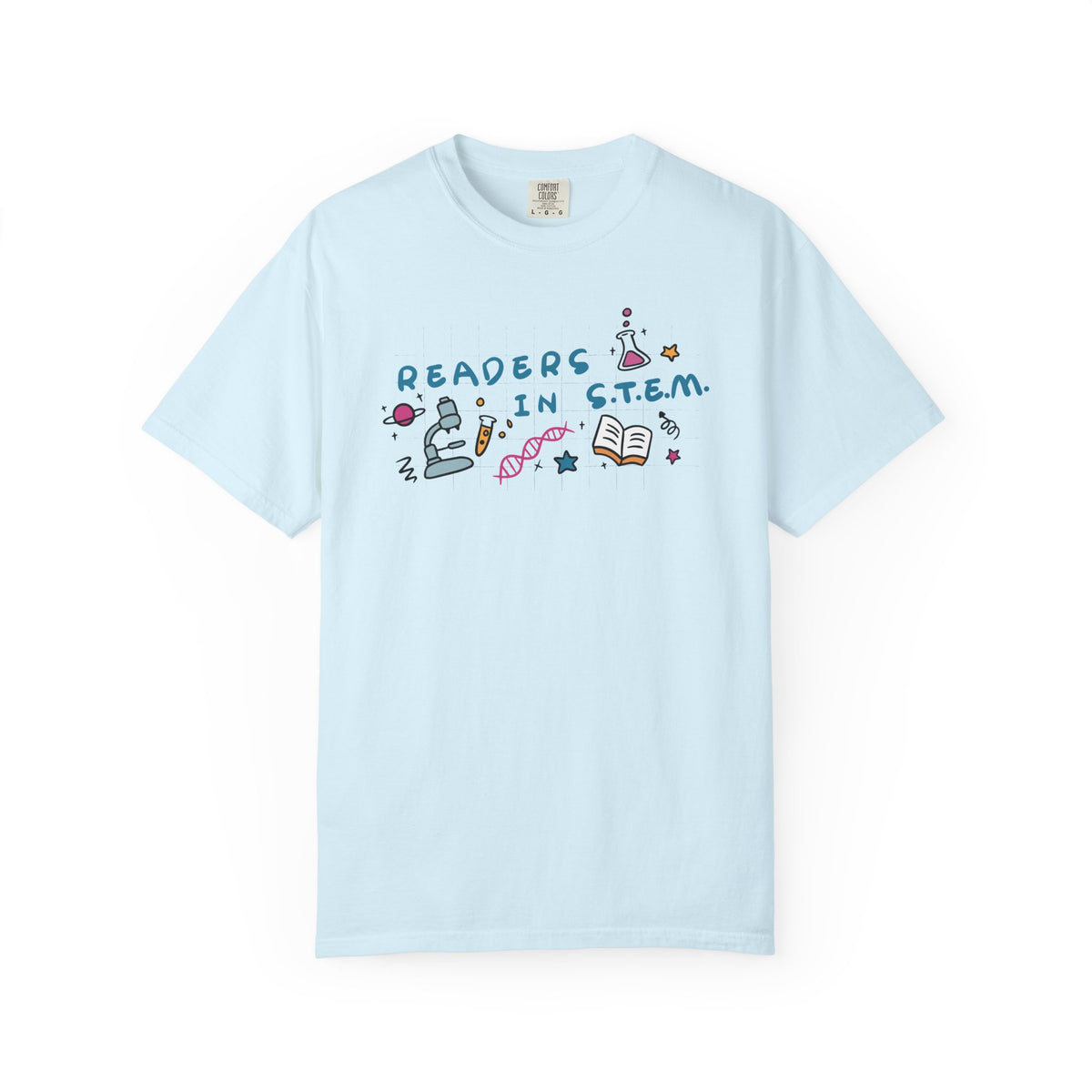 thtgrlreads Ali Hazelwood Comfort Colors graphic tee in light blue featuring Readers in STEM lettering with colorful science and book illustrations