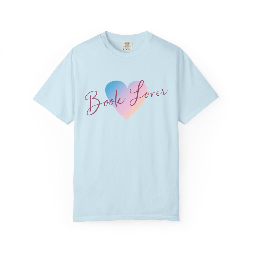 Thtgrlreads Book Bestie collection soft light blue Comfort Colors graphic tee with a gradient heart and elegant "Book Lover" script, perfect for book girlies.