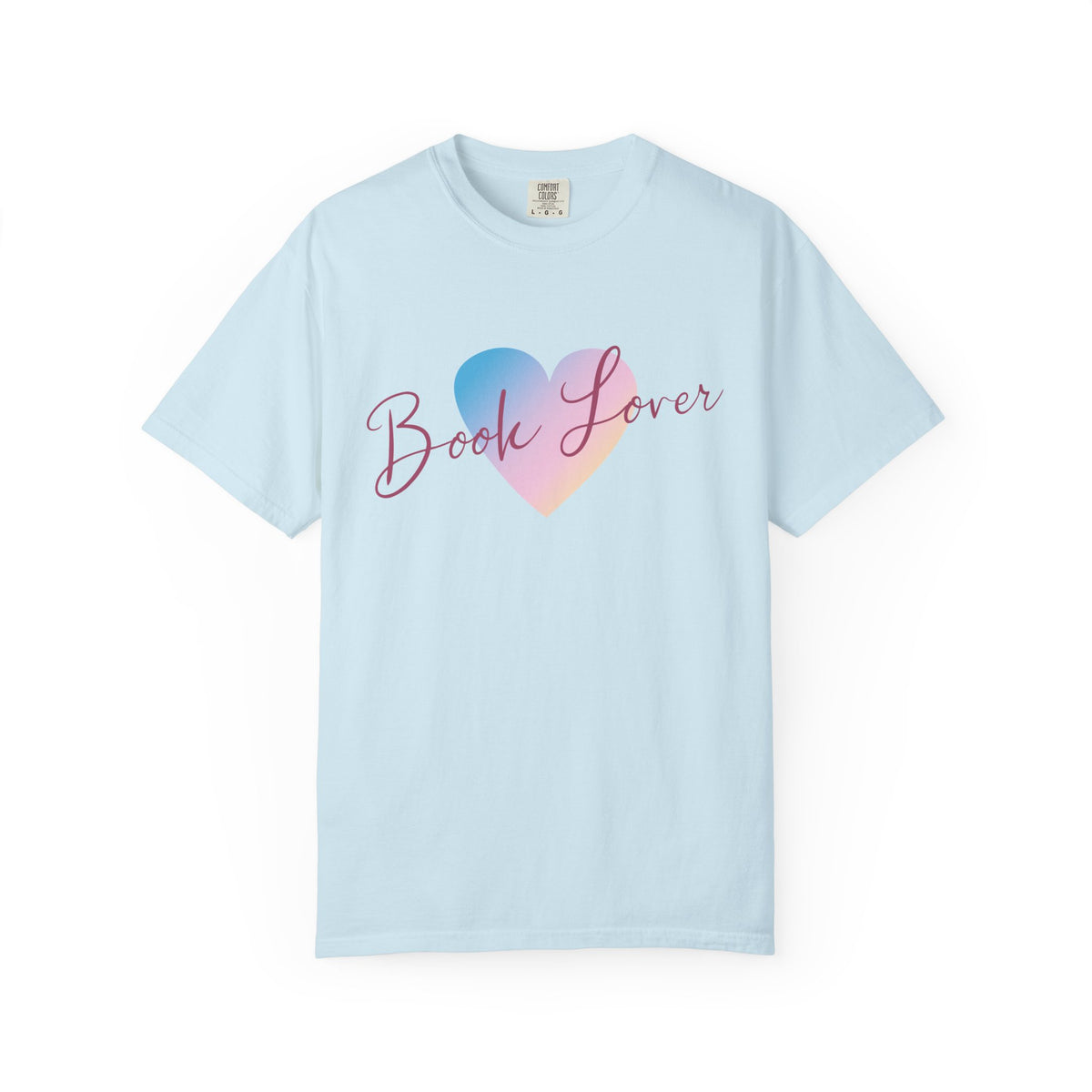 Thtgrlreads Book Bestie collection soft light blue Comfort Colors graphic tee with a gradient heart and elegant "Book Lover" script, perfect for book girlies.