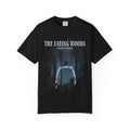 Thtgrlreads Comfort Colors graphic tee from The Eating Woods collection featuring a vintage wash black tee with a forest arch design and white text reading "The Eating Woods Foxglove Parish.