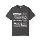 Dark charcoal Comfort Colors graphic tee featuring a white text-based design inspired by Zodiac Academy, with various quotes and playful phrases in bold and script fonts, by thtgrlreads.