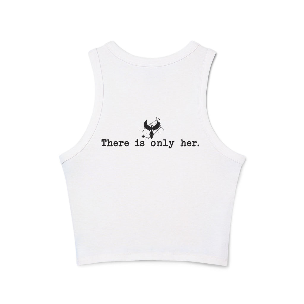 Zodiac Academy tank top from thtgrlreads featuring a vintage-washed white cotton crop with minimalist black text "There is only her" and a small graphic, perfect bookish merch.