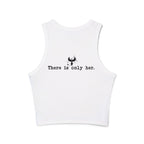 Zodiac Academy tank top from thtgrlreads featuring a vintage-washed white cotton crop with minimalist black text "There is only her" and a small graphic, perfect bookish merch.