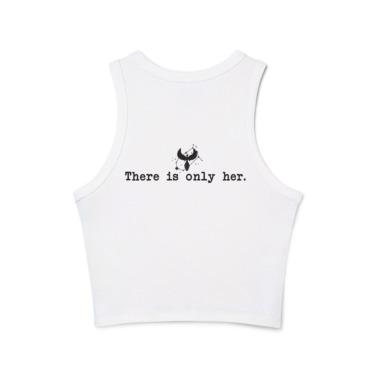 Zodiac Academy tank top from thtgrlreads featuring a vintage-washed white cotton crop with minimalist black text "There is only her" and a small graphic, perfect bookish merch.