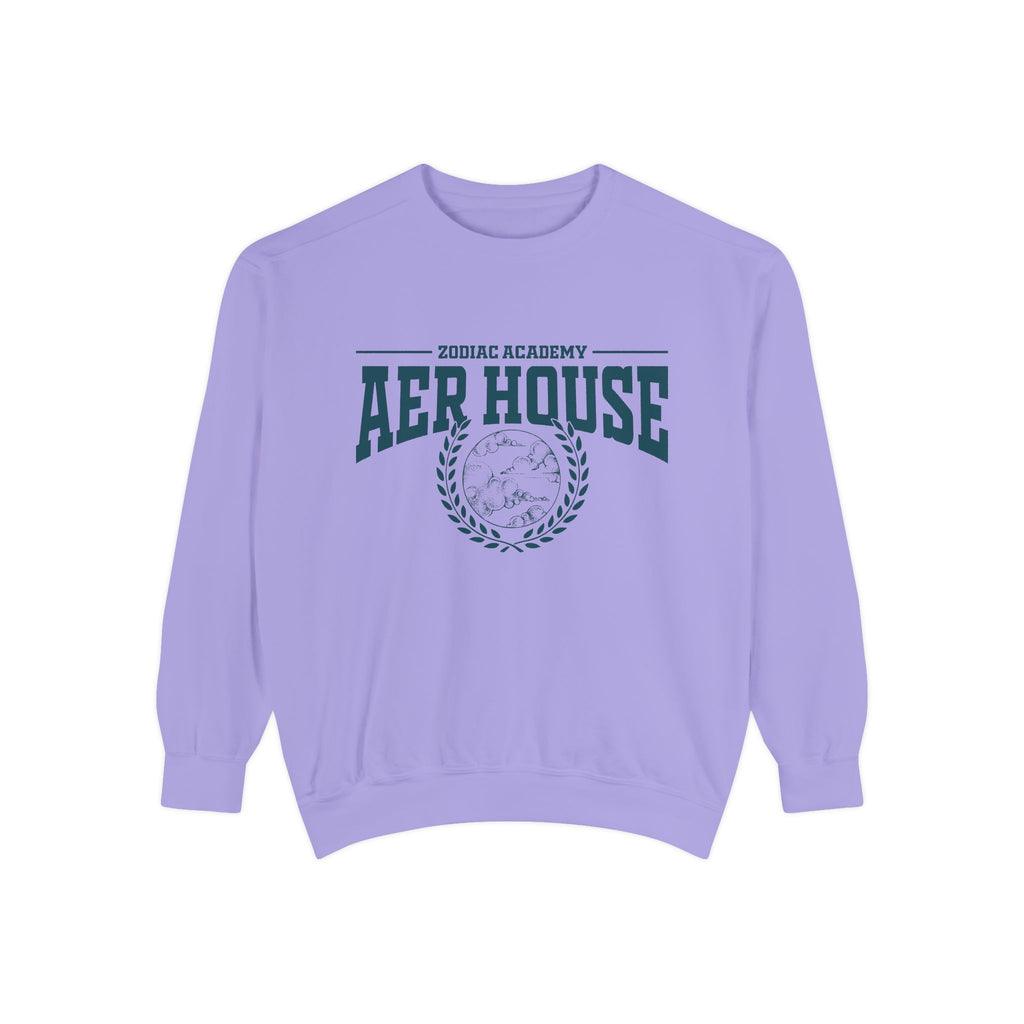 Zodiac Academy Aer House oversized crewneck sweatshirt from thtgrlreads featuring vintage puff print graphic in dark ink on a soft lavender Comfort Colors fabric, part of Crewnecks collection.