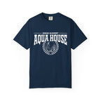 A navy Comfort Colors graphic tee from thtgrlreads featuring a vintage white screen-printed "Zodiac Academy Aqua House" design with a wave emblem, part of Zodiac Academy and Back to School collections.