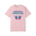 Pink Comfort Colors graphic tee with Adam and Olive's Wednesday Coffee Club text and illustrated coffee cups, from Thtgrlreads Tees and Ali Hazelwood collection