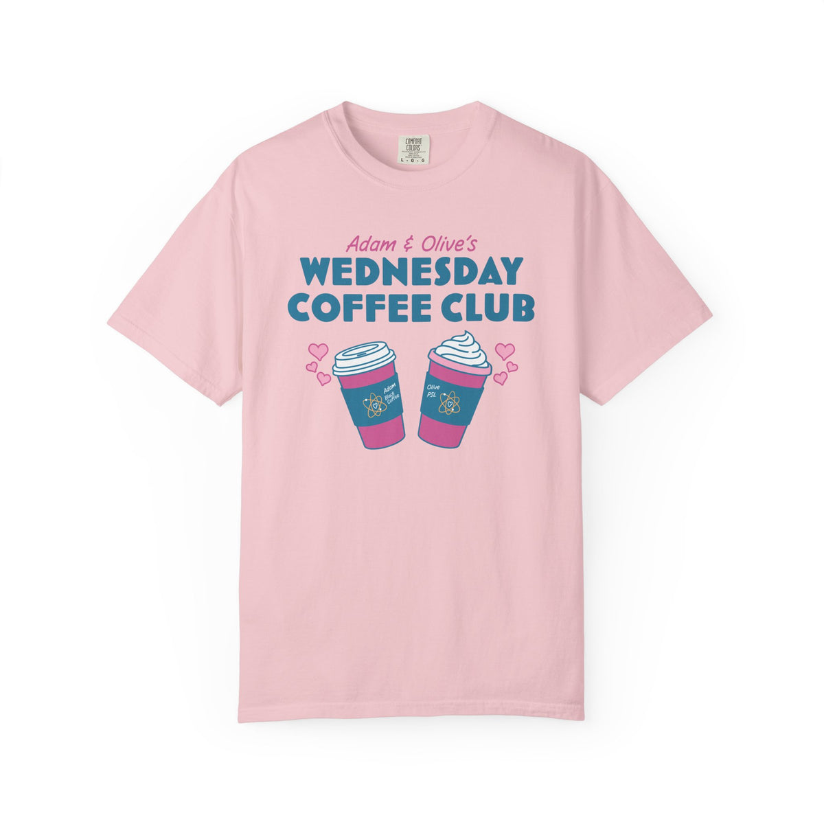 Pink Comfort Colors graphic tee with Adam and Olive's Wednesday Coffee Club text and illustrated coffee cups, from Thtgrlreads Tees and Ali Hazelwood collection