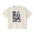 thtgrlreads cream-colored vintage wash Comfort Colors cropped t-shirt featuring a black graphic print of Luther, Prince of Lumnos, in bold text with a detailed character illustration.