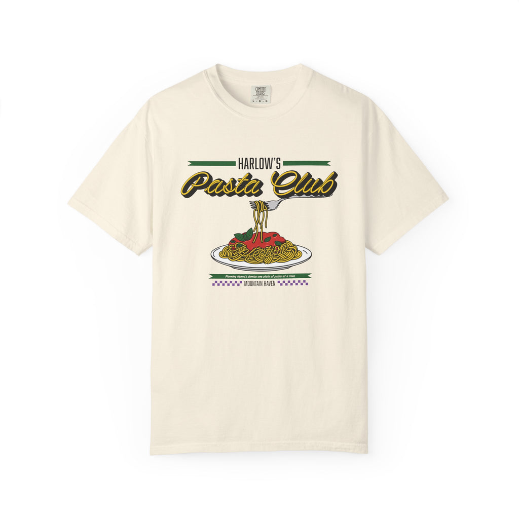 Vintage wash Comfort Colors graphic tee from thtgrlreads featuring a playful "Harlow's Pasta Club" design with pasta and fork illustration, part of The Poison Daughter collection.