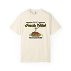 Vintage wash Comfort Colors graphic tee from thtgrlreads featuring a playful "Harlow's Pasta Club" design with pasta and fork illustration, part of The Poison Daughter collection.