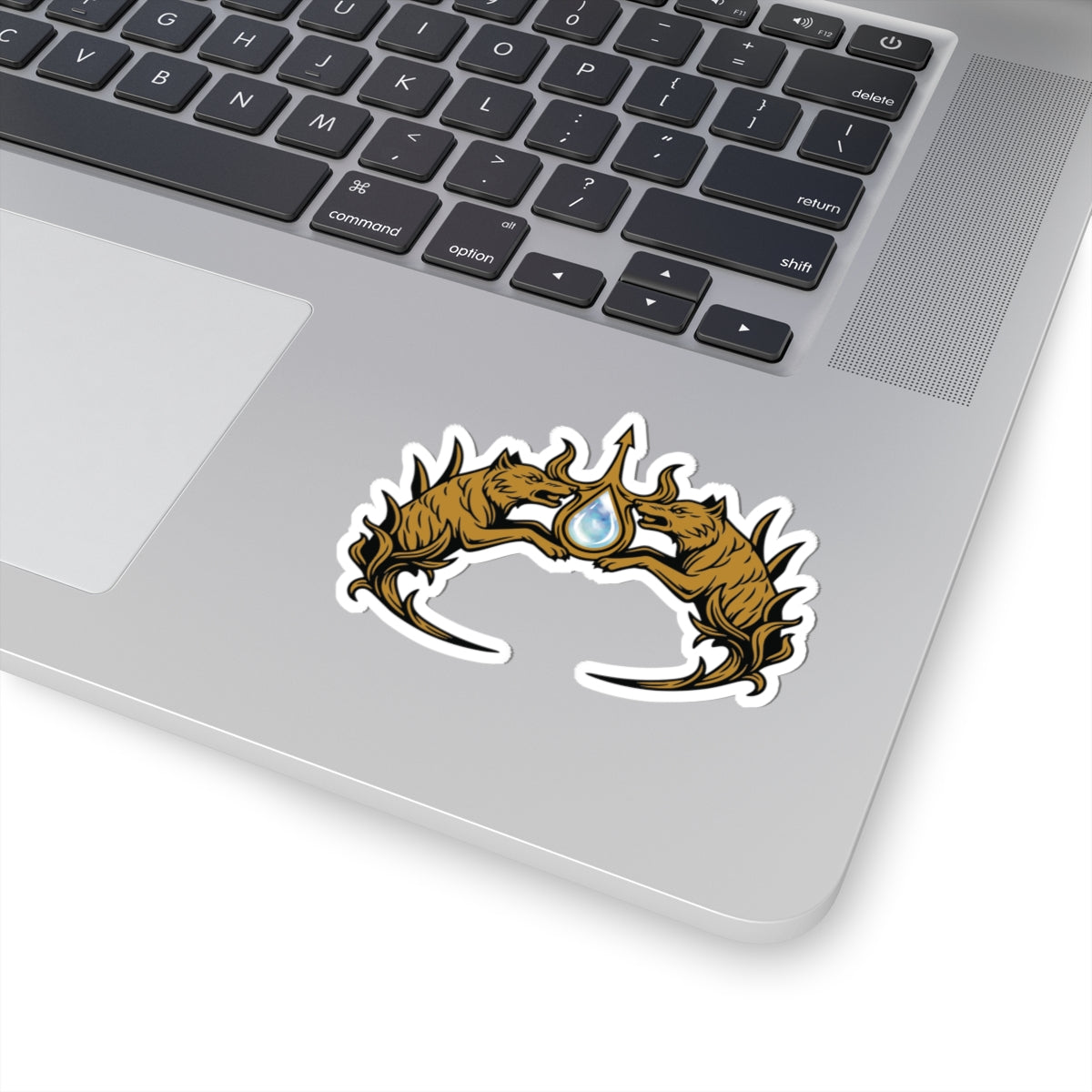 Sticker from thtgrlreads featuring a fantasy crown design inspired by Wolves of Ruin, with intricate brown wolf motifs surrounding a blue gem, offered by Printify.