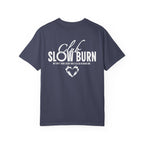 A vintage wash Comfort Colors graphic tee from thtgrlreads featuring bold white "Club Slow Burn" text and a flaming heart design, part of the Book Bestie and Tees collections.