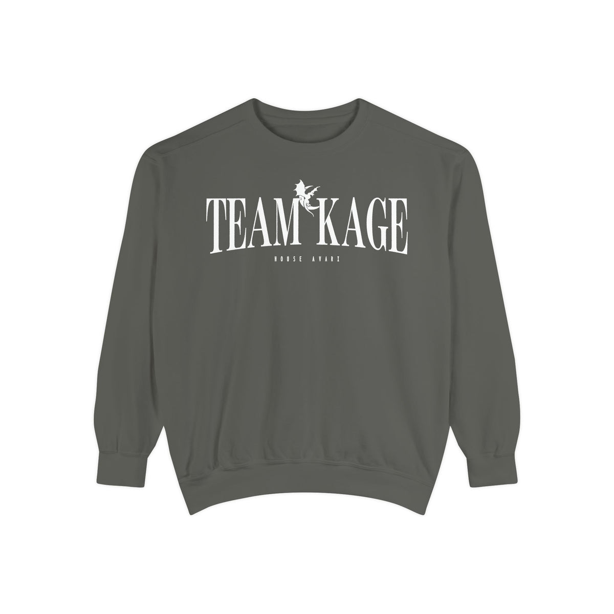 Bloodwing Academy crewneck sweatshirt from thtgrlreads featuring a vintage-wash, soft gray Comfort Colors fabric with bold white "TEAM KAGE" text and a small graphic print.