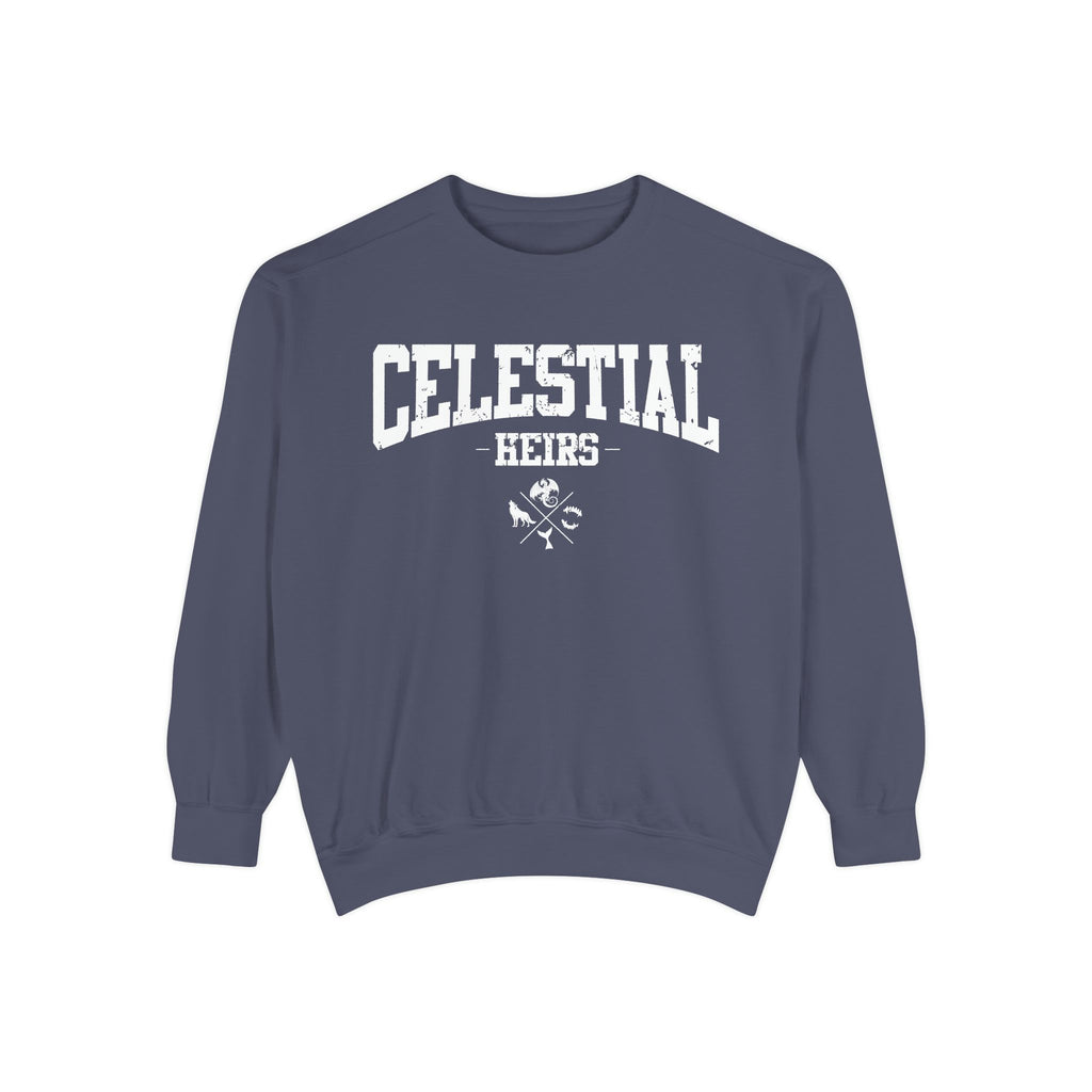 Zodiac Academy-themed oversized crewneck sweatshirt by thtgrlreads featuring vintage-washed navy Comfort Colors fabric with bold white collegiate-style "Celestial Heirs" text and crossed keys graphic.