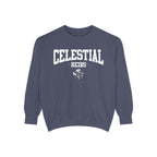 Zodiac Academy-themed oversized crewneck sweatshirt by thtgrlreads featuring vintage-washed navy Comfort Colors fabric with bold white collegiate-style "Celestial Heirs" text and crossed keys graphic.
