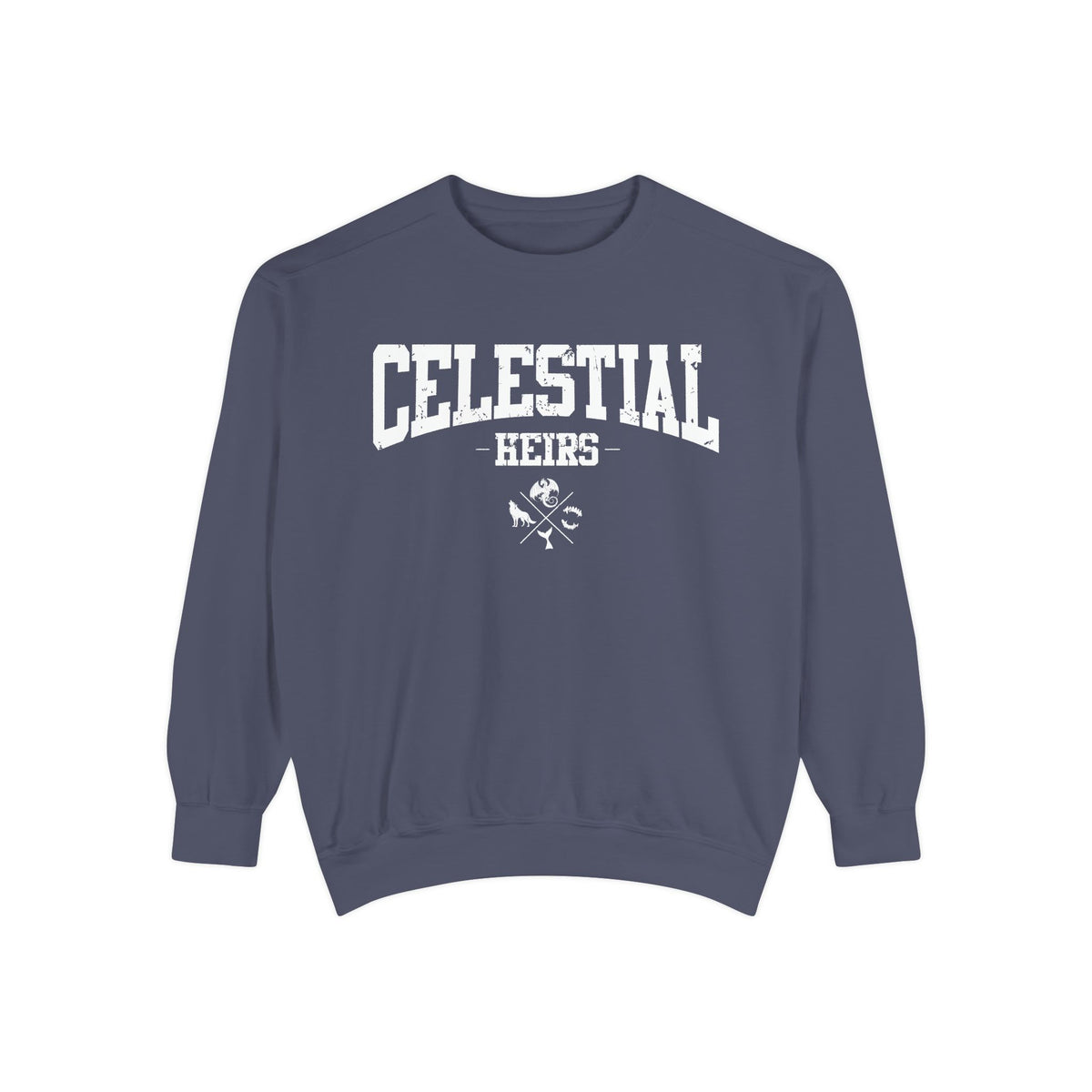 Zodiac Academy-themed oversized crewneck sweatshirt by thtgrlreads featuring vintage-washed navy Comfort Colors fabric with bold white collegiate-style "Celestial Heirs" text and crossed keys graphic.