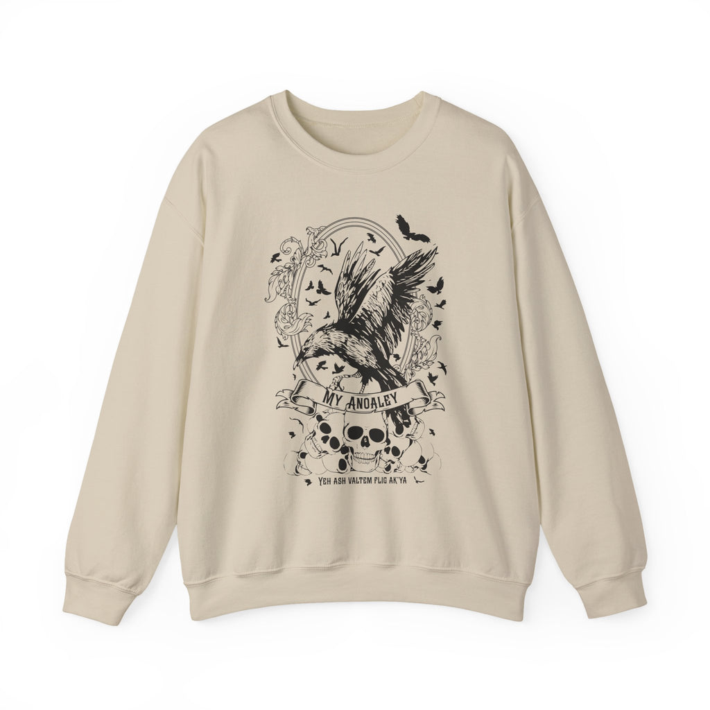 Thtgrlreads Liv Zander collection oversized crewneck sweatshirt in vintage-washed cream Comfort Colors fabric featuring a detailed black gothic print with a raven, skulls, and banner design.
